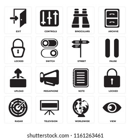 Set Of 16 icons such as View, Worldwide, Television, Radar, Locked, Exit, Upload, Street, web UI editable icon pack, pixel perfect