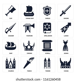 Set Of 16 icons such as Viking, Tower, Torch, Church, Gown, Cup, Dagger, Ship, Spellbook, web UI editable icon pack, pixel perfect