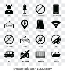 Set Of 16 icons such as Wallet, Barcode, No camera, Bus, Slope, Girl, Closed, drugs, Paper bag on transparent background, pixel perfect