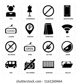Set Of 16 icons such as Wallet, Barcode, No camera, Bus, Slope, Girl, Closed, drugs, Paper bag, web UI editable icon pack, pixel perfect