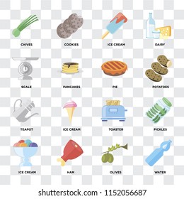 Set Of 16 icons such as Water, Olives, Ham, Ice cream, Pickles, Chives, Scale, Teapot, Pie on transparent background, pixel perfect