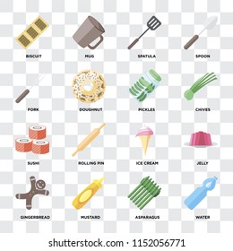 Set Of 16 icons such as Water, Asparagus, Mustard, Gingerbread, Jelly, Biscuit, Fork, Sushi, Pickles on transparent background, pixel perfect