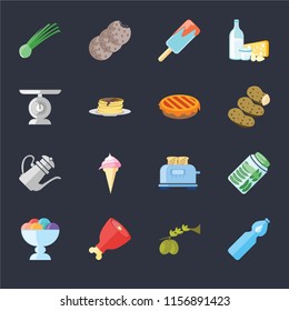 Set Of 16 icons such as Water, Olives, Ham, Ice cream, Pickles, Chives, Scale, Teapot, Pie on black background, web UI editable icon pack
