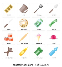 Set Of 16 icons such as Water, Asparagus, Mustard, Gingerbread, Jelly, Biscuit, Fork, Sushi, Pickles, web UI editable icon pack, pixel perfect