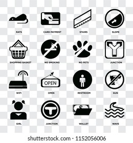 Set Of 16 icons such as Wave, Wallet, Junction, Girl, Gun, Rats, Shopping basket, Wifi, No pets on transparent background, pixel perfect