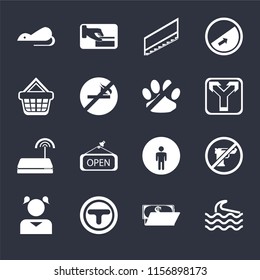 Set Of 16 icons such as Wave, Wallet, Junction, Girl, Gun, Rats, Shopping basket, Wifi, No pets on black background, web UI editable icon pack