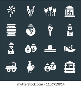 Set Of 16 icons such as Well, Seeds, Chicken, Tractor, Flower, Beehive, Farmer, Honey on black background, web UI editable icon pack