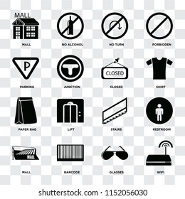 Set Of 16 icons such as Wifi, Glasses, Barcode, Mall, Restroom, Parking, Paper bag, Closed on transparent background, pixel perfect