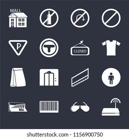 Set Of 16 icons such as Wifi, Glasses, Barcode, Mall, Restroom, Parking, Paper bag, Closed on black background, web UI editable icon pack