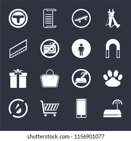 Set Of 16 icons such as Wifi, Smarthphone, Shopping cart, No water, Pet, Junction, Stairs, Gift, Restroom on black background, web UI editable icon pack