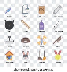 Set Of 16 icons such as Winner, Dustpan, Rabbit, Bird house, Brush, Syringe, Cat, Snake, Shampoo on transparent background, pixel perfect