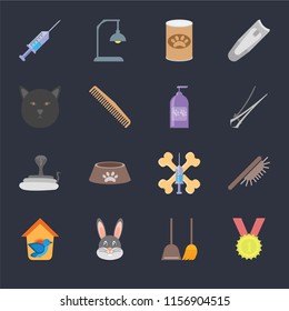 Set Of 16 icons such as Winner, Dustpan, Rabbit, Bird house, Brush, Syringe, Cat, Snake, Shampoo on black background, web UI editable icon pack