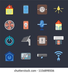 Set Of 16 icons such as Wireless, Leak, Thermostat, Smart home, Air conditioner, Home, Fan, Power, Voice control on black background, web UI editable icon pack