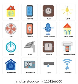 Set Of 16 icons such as Wireless, Leak, Thermostat, Smart home, Air conditioner, Home, Fan, Power, Voice control, web UI editable icon pack, pixel perfect