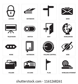 Set Of 16 icons such as Wireless internet, Flag, Id card, Folder, Hide, Locked, Television, More, Exit, web UI editable icon pack, pixel perfect