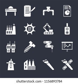 Set Of 16 icons such as Wood cutting, Saw, Factory, Mill, Planning, Walkie talkie, Conveyor on black background, web UI editable icon pack
