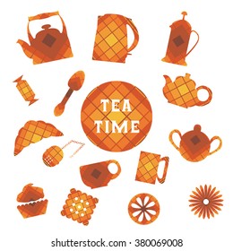 Set of 16 icons. Tea time. Brown tones. In square