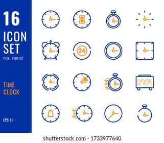 Set of 16 icons time clock thin line style. Pixel Perfect. Vector illustration