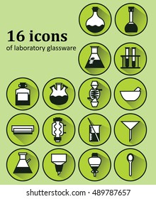 Set of 16 icons of various laboratory glassware. Backgrounds, icons, objects, logos,  books, textbooks on the subject of chemistry and engineering. Vector Illustration