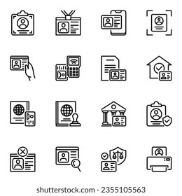 Set Of 16 ID card line icons. profile, secure, user, agent, citizen, personal, identity, pass, check, driving, employee, application, document, security, immigration