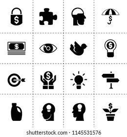 Set of 16 idea filled icons such as money, target, bulb, car oil, eye, money lock, idea, puzzle, dove, dollar bulb, ley lock in head, brain in head