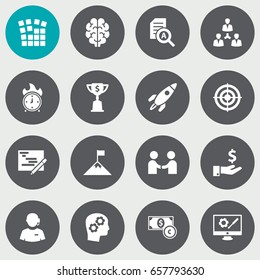 Set Of 16 Idea Icons Set.Collection Of Call Center, Unity, Thinking Head And Other Elements.