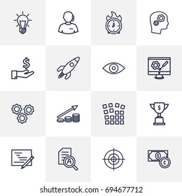 Set Of 16 Idea Outline Icons Set.Collection Of Target, Profit, Solution And Other Elements.