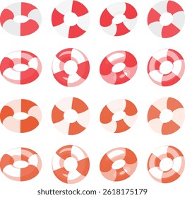 A set of 16 illustrations of floating rings in various colors and designs. It can cover a wide range of themes, such as summer beaches, pools, water play, and safety measures.