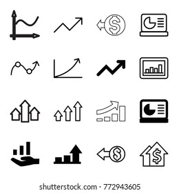Set of 16 increase outline icons such as graph, chart on display, graph on hand, coin, dolar growth