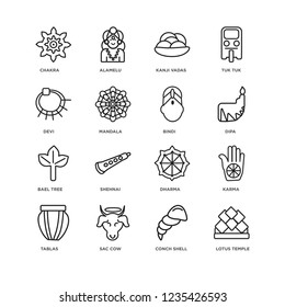 Set Of 16 india linear icons such as Lotus temple, Conch shell, Sac cow, Tablas, Karma, Chakra, Devi, Bael tree, Bindi, editable stroke icon pack, pixel perfect