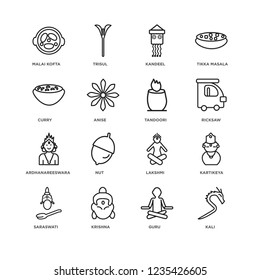 Set Of 16 india linear icons such as Kali, Guru, Krishna, Saraswati, Kartikeya, Malai kofta, Curry, Ardhanareeswara, Tandoori, editable stroke icon pack, pixel perfect