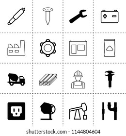 Set of 16 industrial filled and outline icons such as caliper, concrete mixer truck, wrench, concrete mixer, pipe, socket, factory, suspension, car battery, construction crane