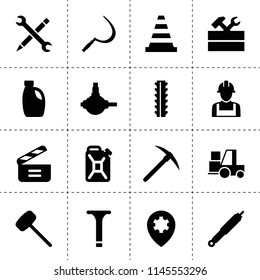 Set of 16 industry filled icons such as sickle, car oil, work tool, suspension, spherical bearing, screw, oil can, forklift, movie clapper, cone barrier, steel rebar, pick