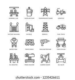 Set Of 16 Industry linear icons such as Oil valve, Harbor crane, Assembly line, industry, Fuel station, Drilling machine, Train cargo, Gasoline pump, editable stroke icon pack, pixel perfect