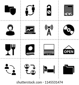 Set of 16 information filled icons such as communication, folder, laptop, do not disturb, disc, bed, news, graph on laptop, folder security, signal, open, customer care