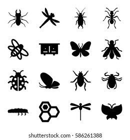 Set of 16 insect filled icons such as beehouse, beetle, butterfly, ant, fly, honey, bee, ladybug, caterpillar