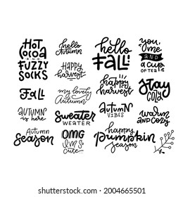 Set of 16 inspirational cute fall calligraphy handwritten quotes and phrases. Hello autumn, sweater weather, autumn vibes, stay cozy, etc. Vector hand ddawn lettering illustration