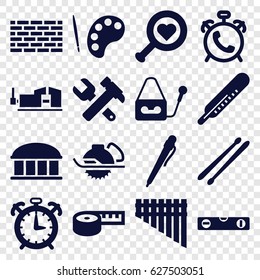 set of 16 instrument filled icons such as alarm, observatory, thermometer, hummer and wrench, level ruler, electric saw, vice clamp, microphone