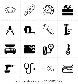 Set of 16 instrument filled and outline icons such as thermometer, work tool, tire pressure, car pump, measure tape, compass, drill, plastering, stethoscope, kitchen scale
