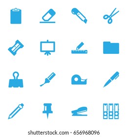 Set Of 16 Instruments Icons Set.Collection Of Binder, Rubber, Pushpin And Other Elements.