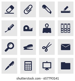 Set Of 16 Instruments Icons Set.Collection Of Calculate, Sticky, Pencil And Other Elements.