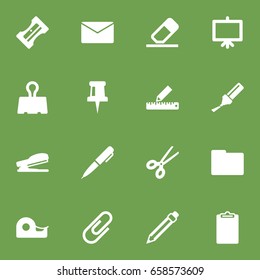 Set Of 16 Instruments Icons Set.Collection Of Clip, Puncher, Pushpin And Other Elements.