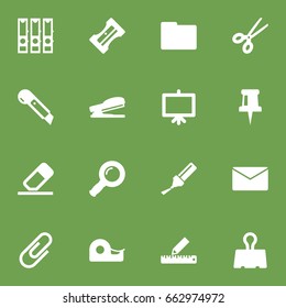 Set Of 16 Instruments Icons Set.Collection Of Rubber, Supplies, Clip And Other Elements.