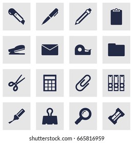 Set Of 16 Instruments Icons Set.Collection Of Zoom Glasses, Sticky, Calculate And Other Elements.