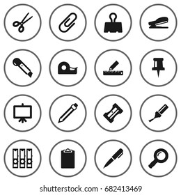 Set Of 16 Instruments Icons Set.Collection Of Paper  Clamp, Clippers, Knife And Other Elements.