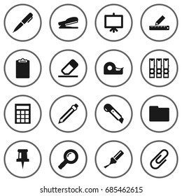 Set Of 16 Instruments Icons Set.Collection Of Sticky, Puncher, Pushpin And Other Elements.