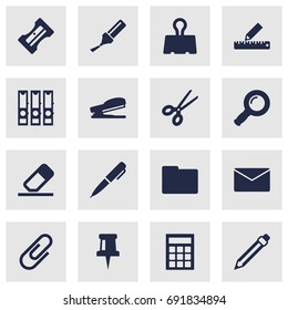 Set Of 16 Instruments Icons Set.Collection Of Pushpin, Rubber, Zoom Glasses And Other Elements.