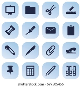 Set Of 16 Instruments Icons Set.Collection Of Ink, Pushpin, Clip And Other Elements.