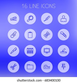 Set Of 16 Instruments Outline Icons Set.Collection Of Sharpener, Zoom Glasses, File Folder And Other Elements.