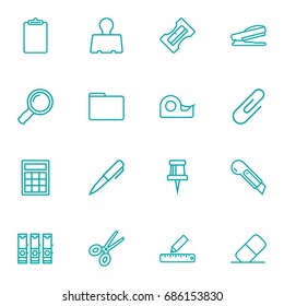 Set Of 16 Instruments Outline Icons Set.Collection Of Portfolio, Eraser, Scissors And Other Elements.